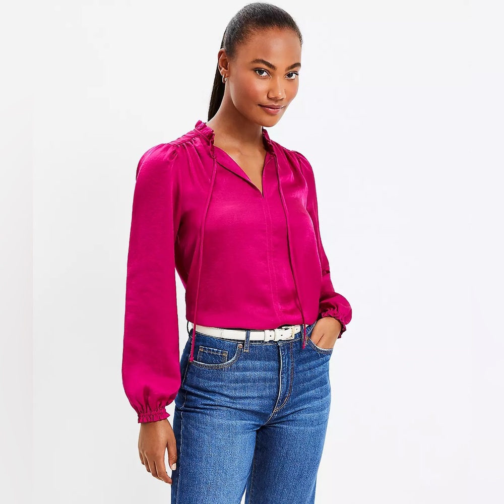 Petite Ruffle Tie Neck Mixed Media Blouse - Light Fresh Magenta